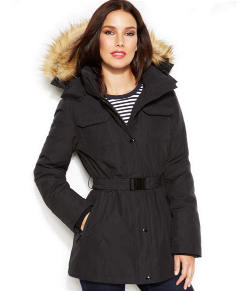 michael kors belted faux fur trim hooded puffer jacket|Michael Kors packable puffer jacket.